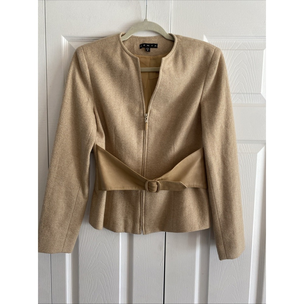 Penta Womens 4 Tan Wool Belted Jacket Collarless Open V Zip Quiet Luxury Minimal